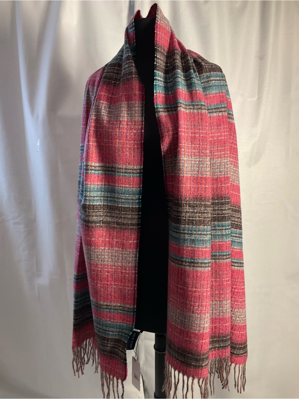 Chloe & Lex Wool Blend Pink Plaid Fringe Shawl Coat